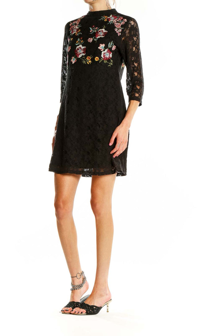 Black Embroidered Floral Lace Mini Dress