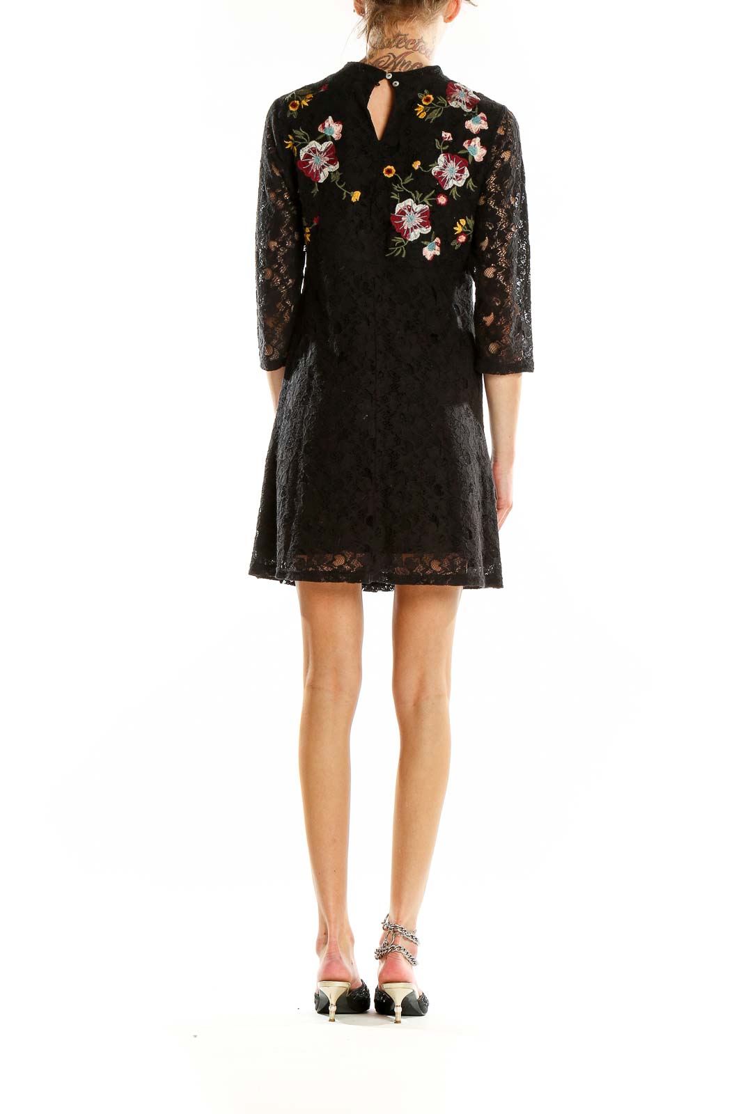 Black Embroidered Floral Lace Mini Dress