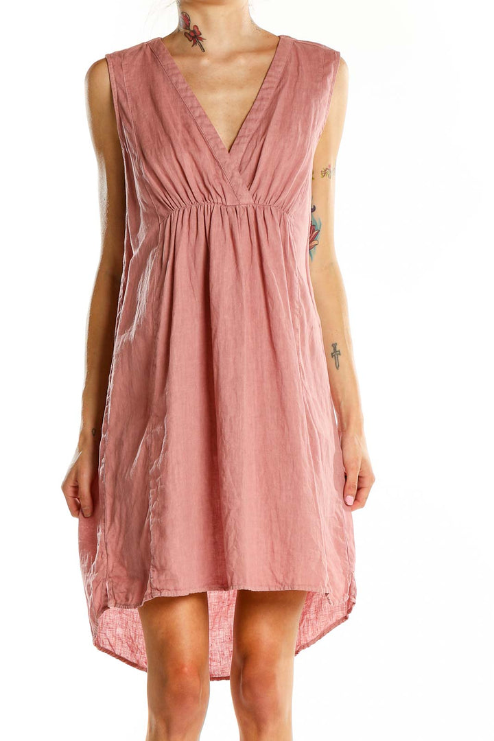 Pink V Neck Linen Dress