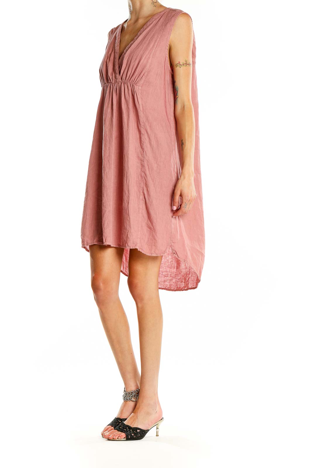 Pink V Neck Linen Dress