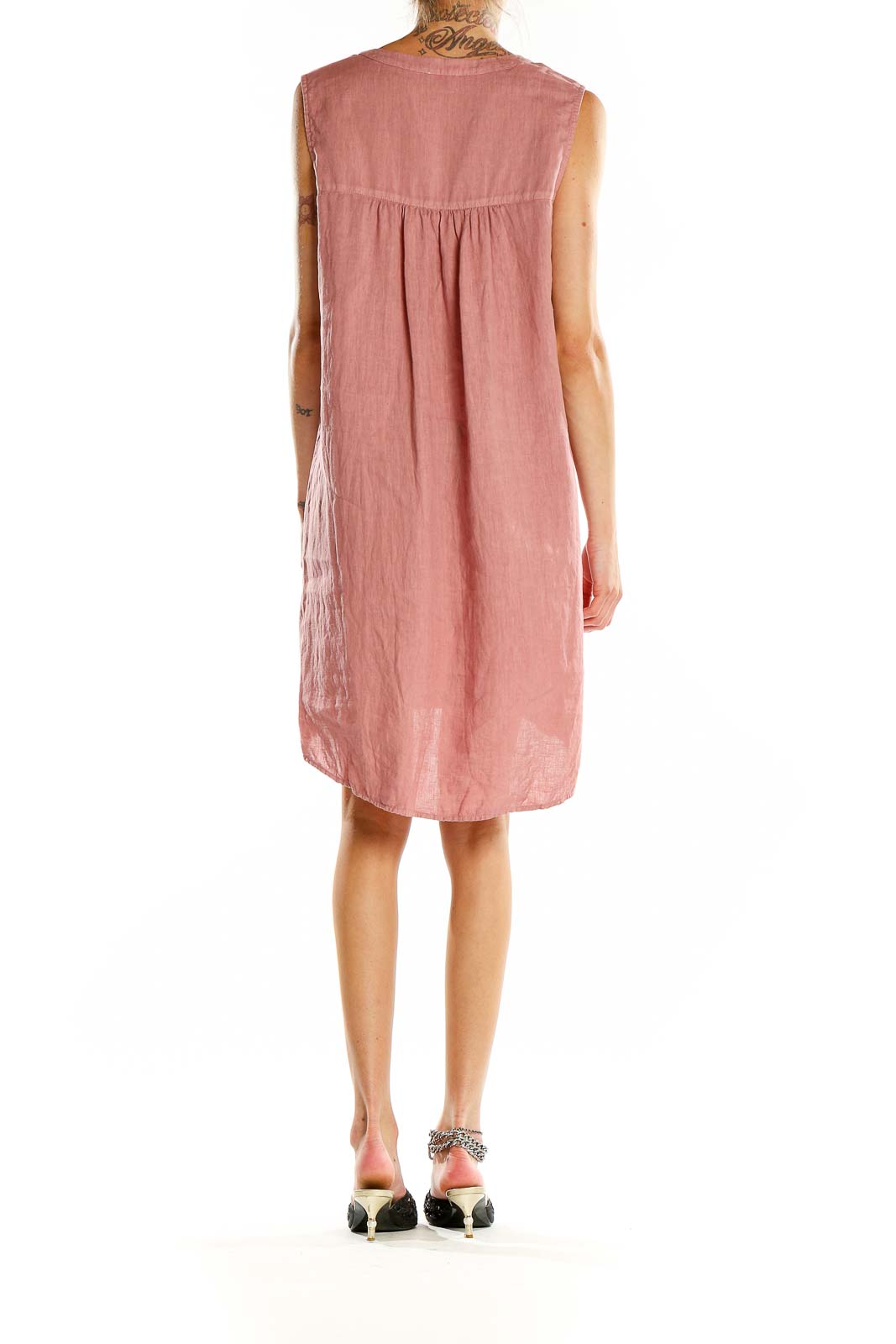 Pink V Neck Linen Dress