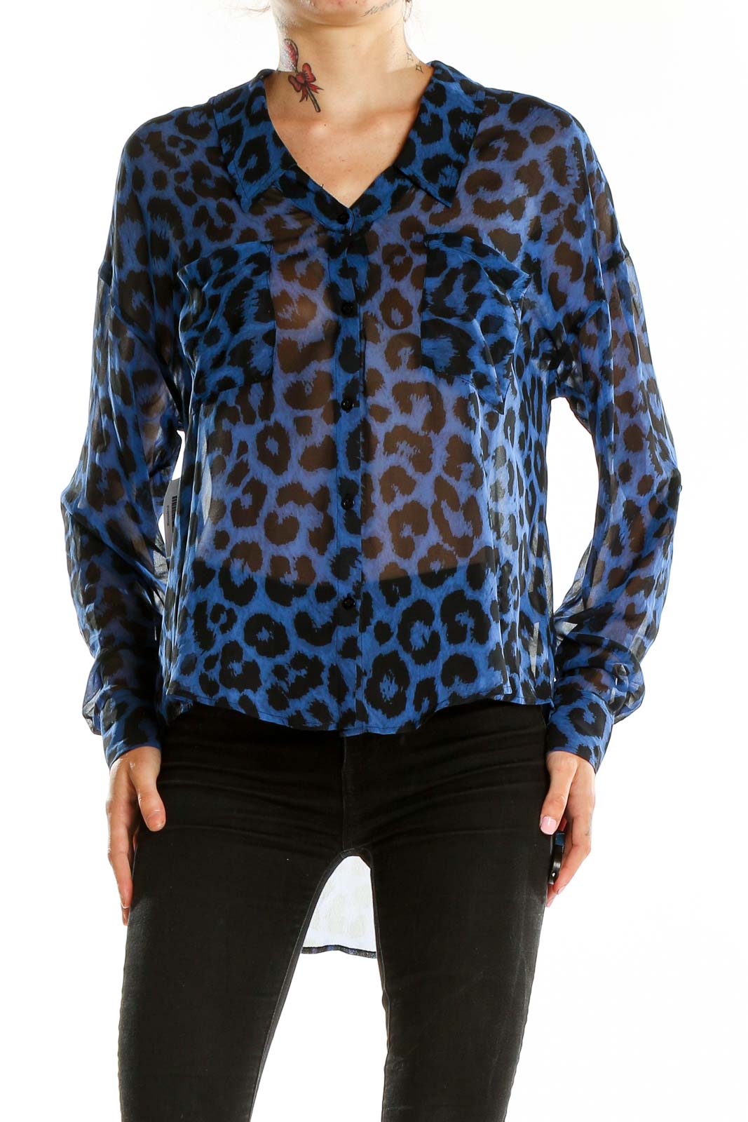 Front view of blue leopard print sheer blouse from Free People