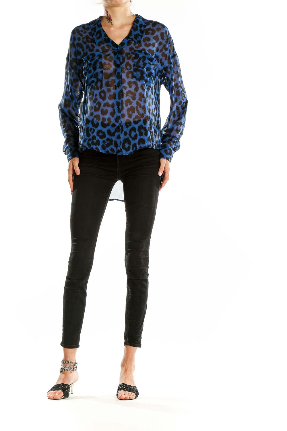 Front view of blue leopard print sheer blouse from Free People