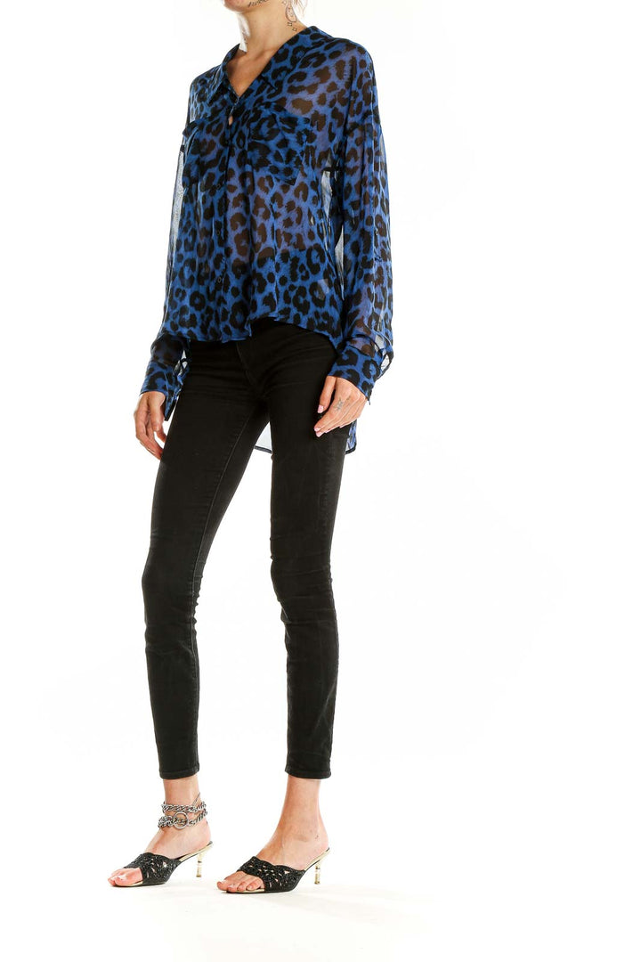 Front view of blue leopard print sheer blouse from Free People