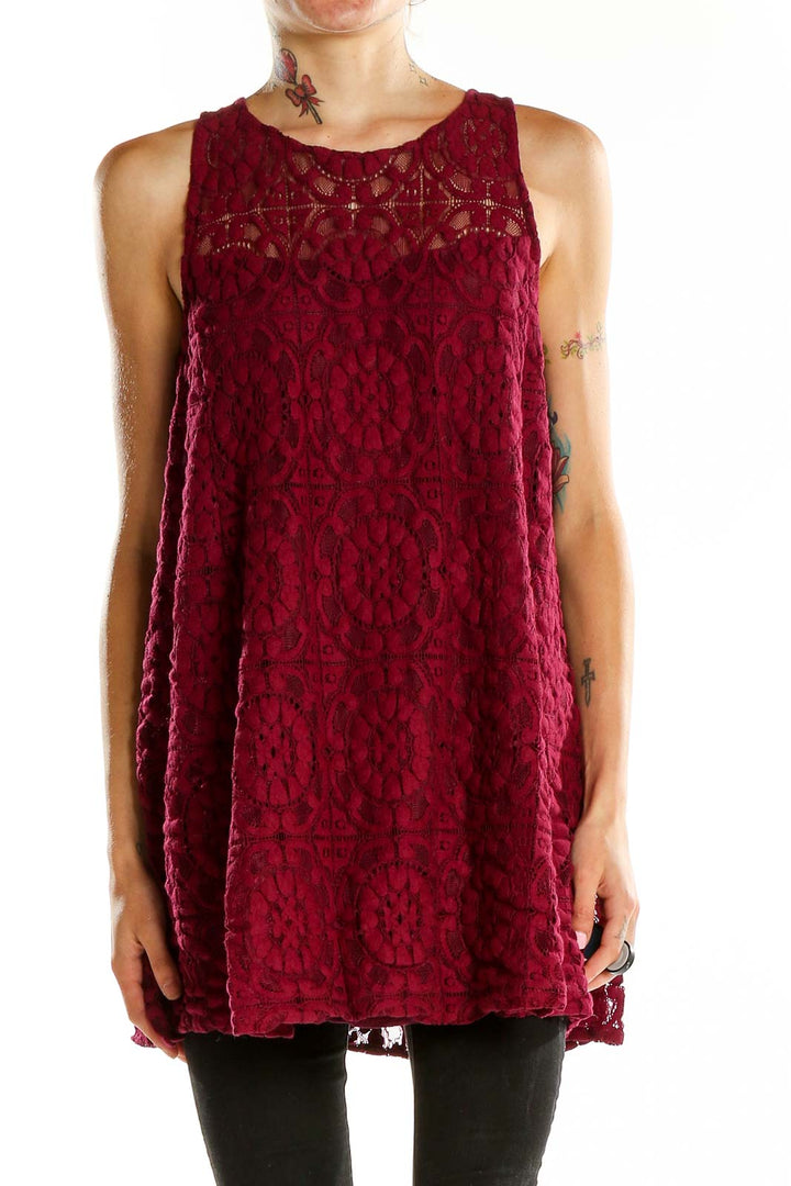 Front view of Free People burgundy lace sleeveless tunic top