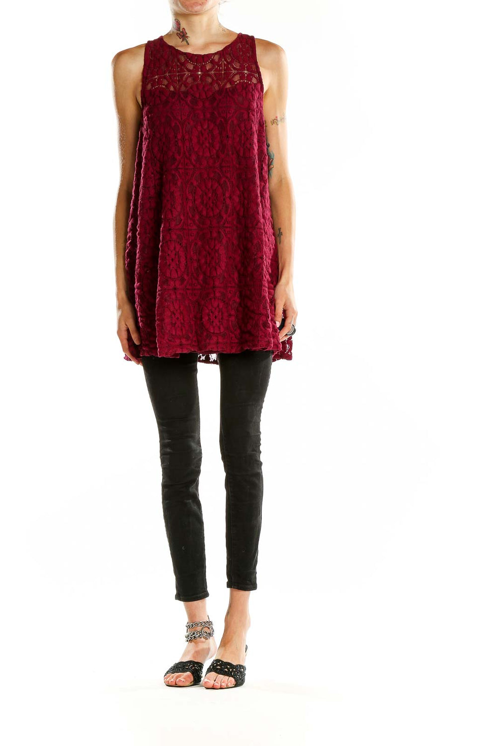 Front view of Free People burgundy lace sleeveless tunic top