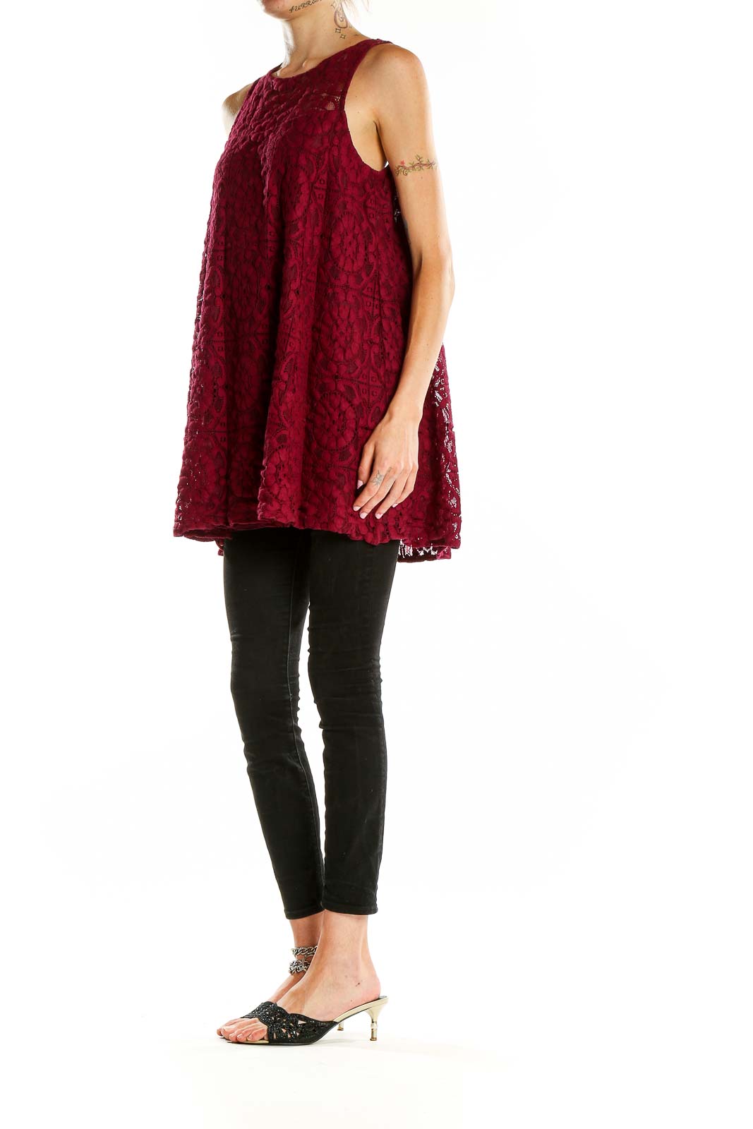 Front view of Free People burgundy lace sleeveless tunic top