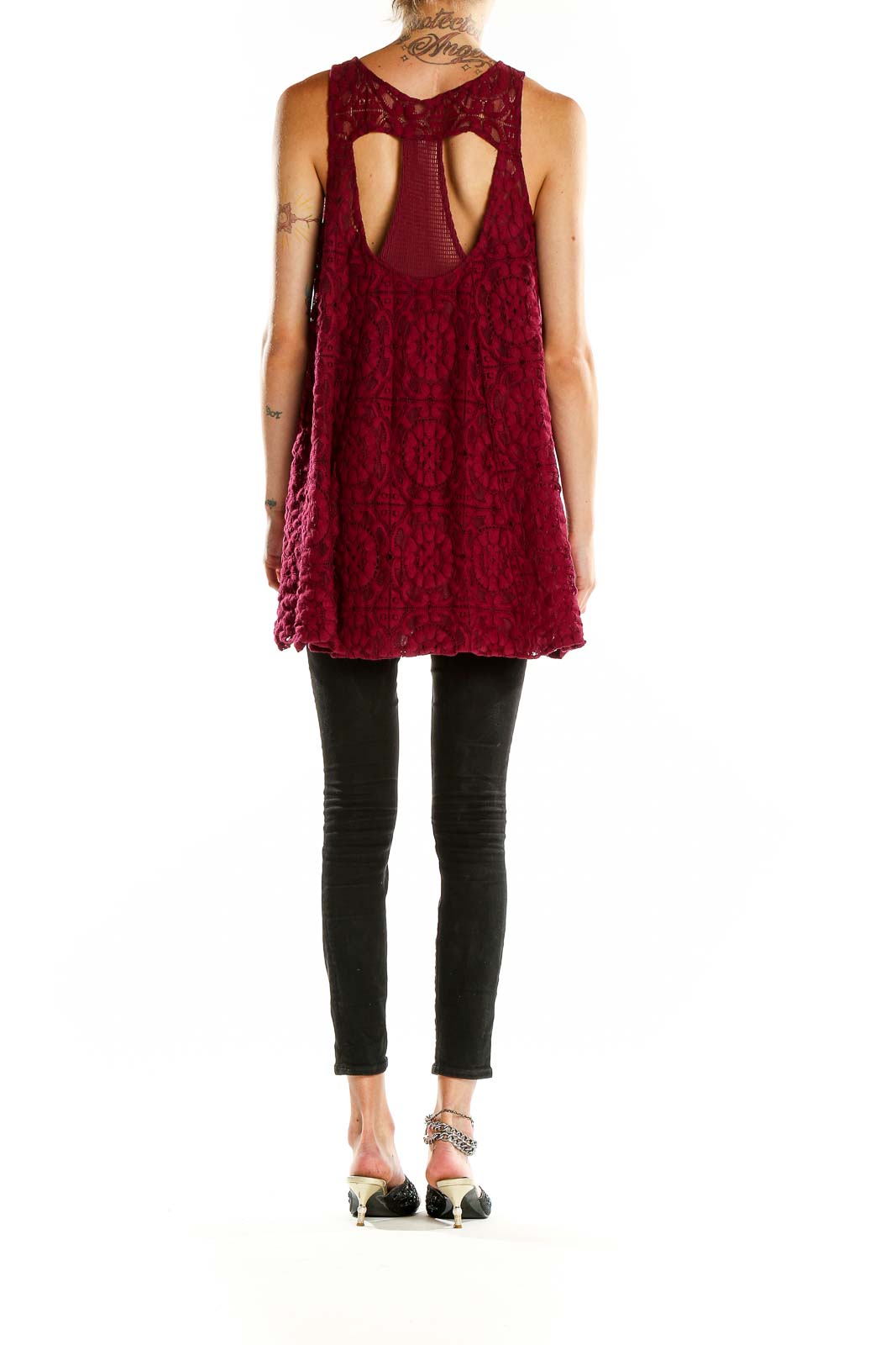 Back view of Free People burgundy lace tunic top with keyhole cutouts