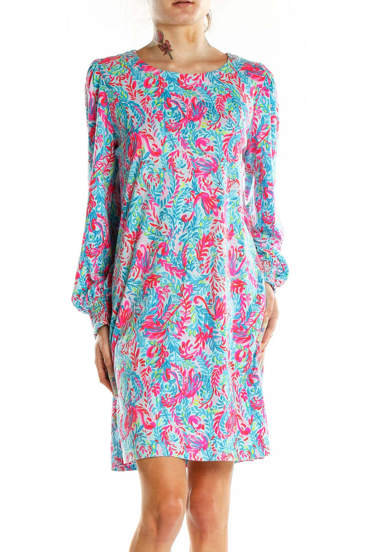 Front view of Lilly Pulitzer turquoise floral print long sleeve dress