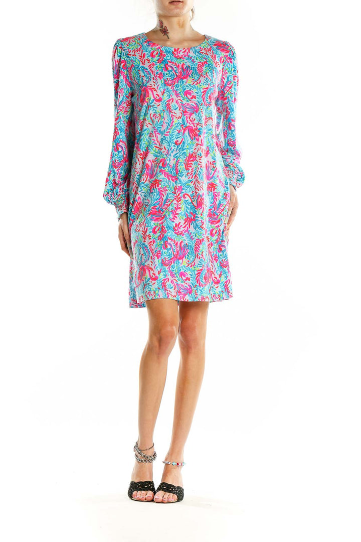 Front view of Lilly Pulitzer turquoise floral print long sleeve dress