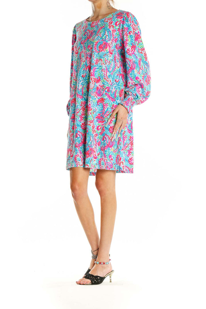 Front view of Lilly Pulitzer turquoise floral print long sleeve dress