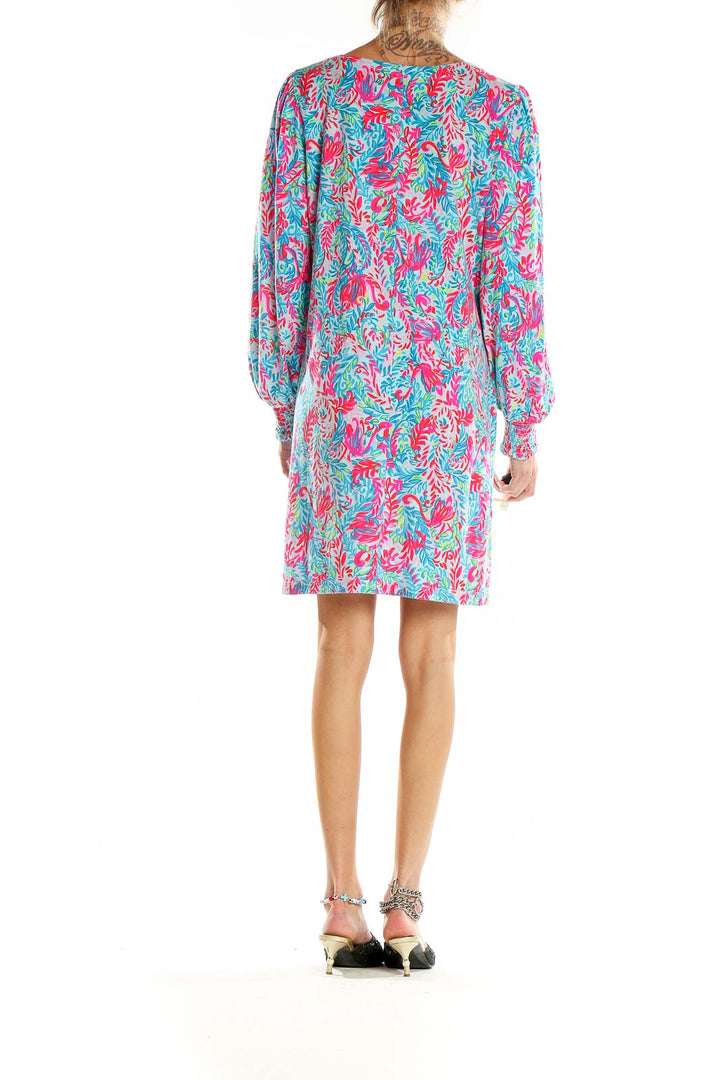 Back view of Lilly Pulitzer turquoise floral print long sleeve dress