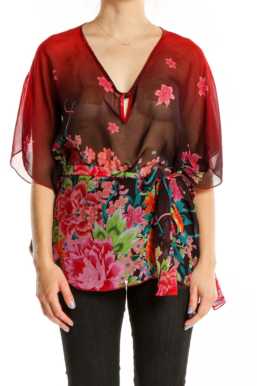 Front view of OBR red floral sheer chiffon blouse with V-neck and butterfly sleeves