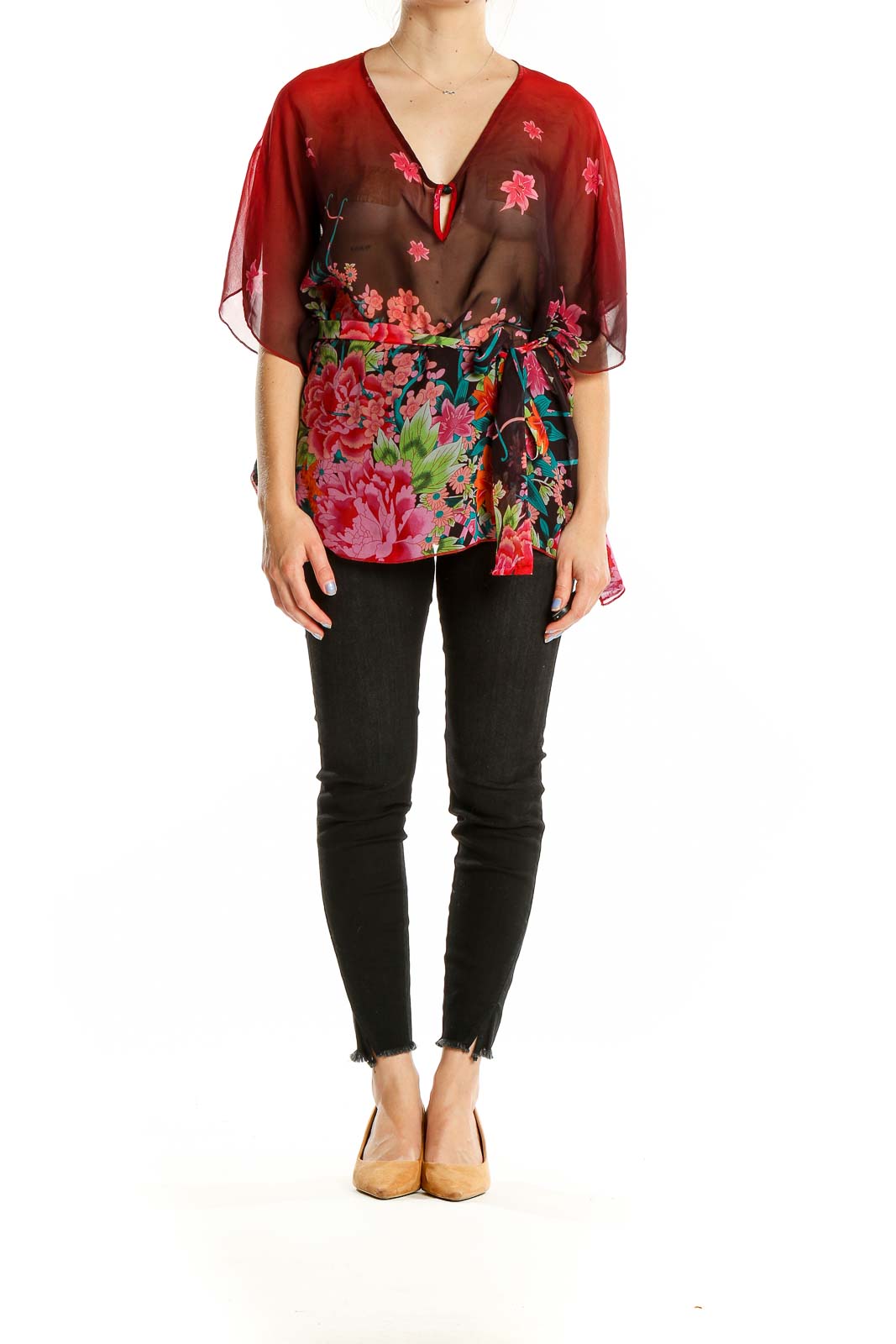 Front view of OBR red floral sheer chiffon blouse with V-neck and butterfly sleeves