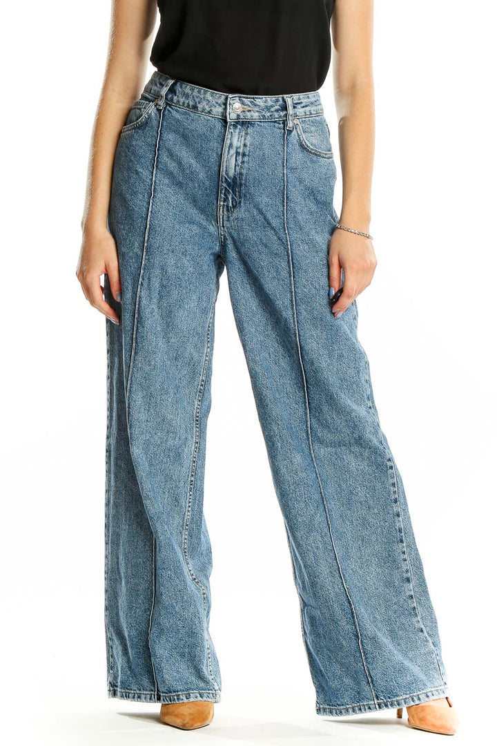 Blue Front Seam Wide Leg Full Length Jeans