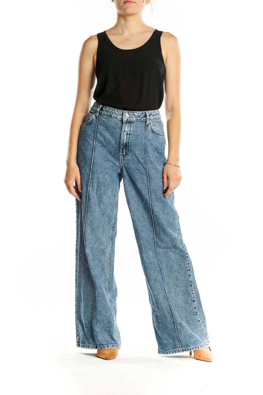 Blue Front Seam Wide Leg Full Length Jeans