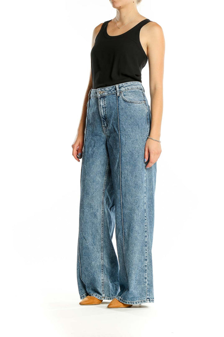 Blue Front Seam Wide Leg Full Length Jeans