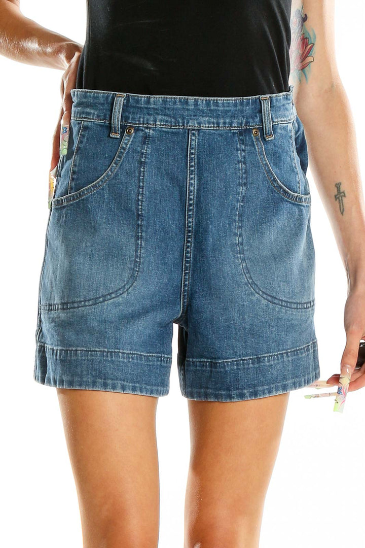 Front view of Lee blue denim high-waisted shorts on model