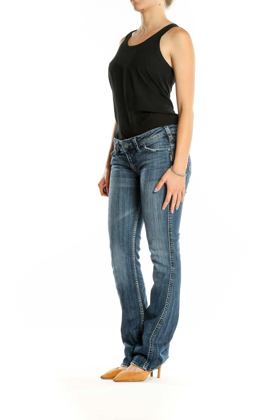 Front view of Silver Jeans Co. blue bootcut jeans on model