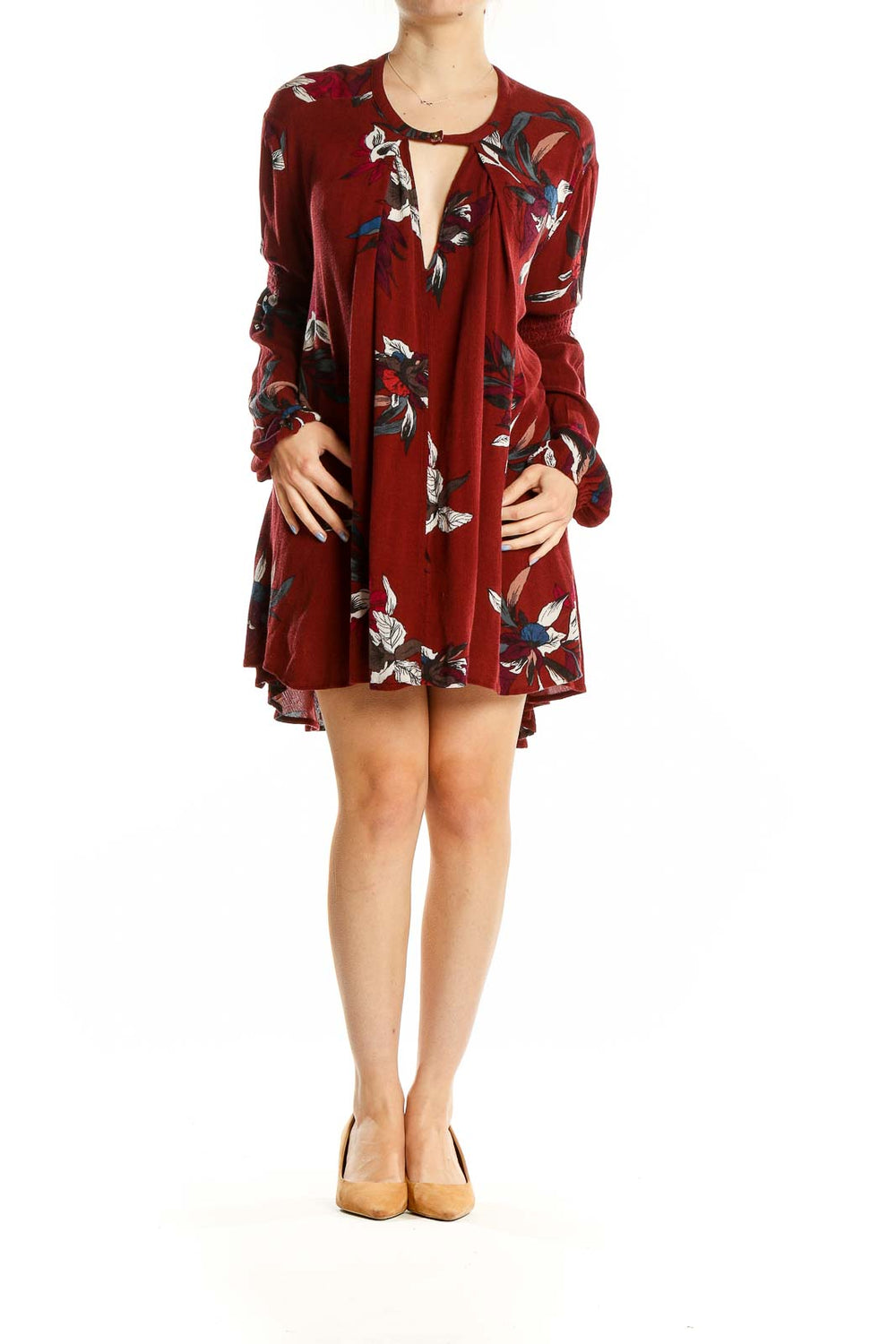 Front view of burgundy floral long sleeve mini dress by Free People