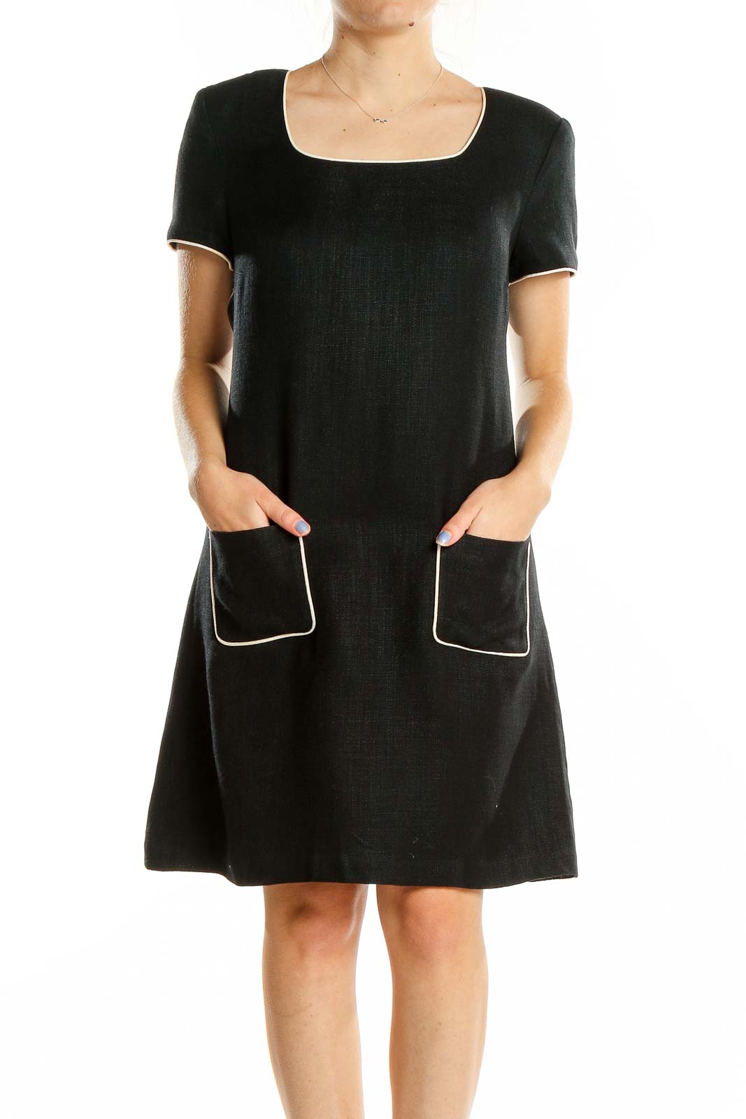 Front view of Donna Ricco black A-line dress with square neckline and pockets