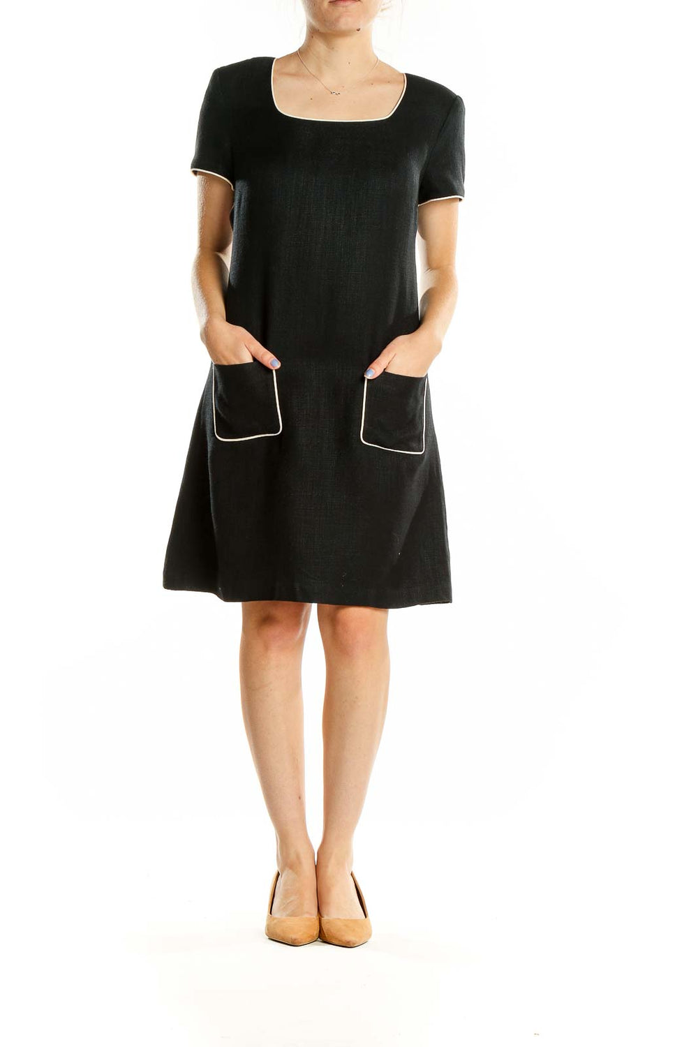 Front view of Donna Ricco black A-line dress with square neckline and pockets