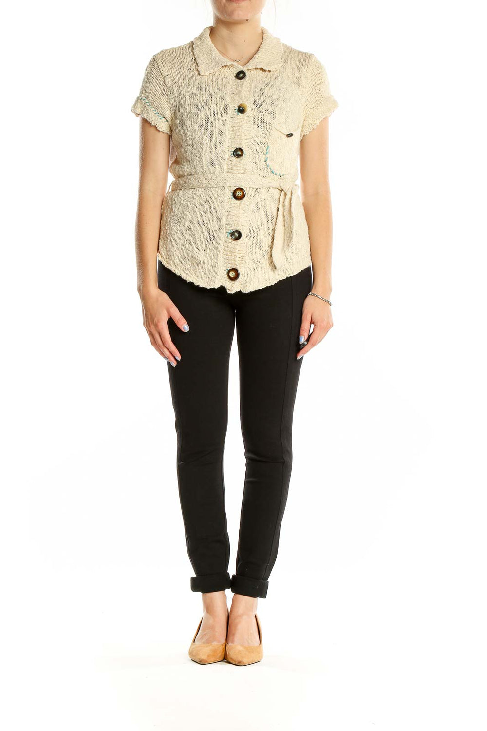 Front view of cream knit short-sleeve button-up cardigan from Free People