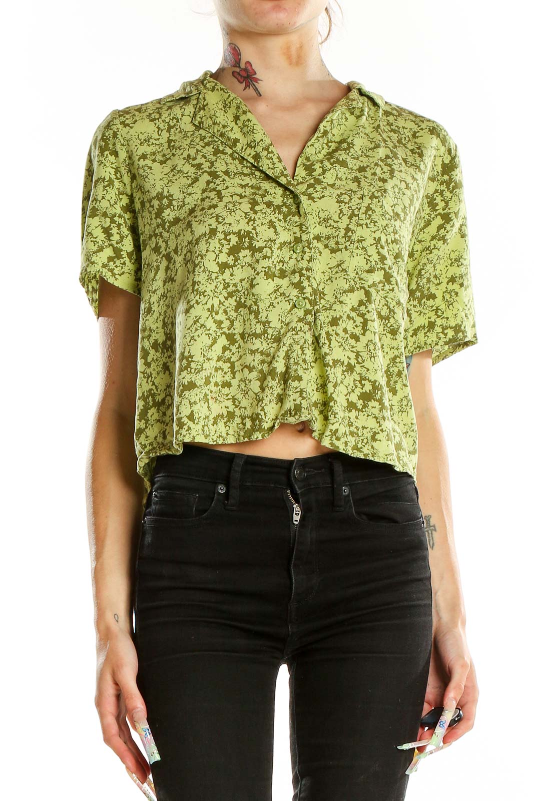 Front view of green crushed velvet crop top by ABOUND