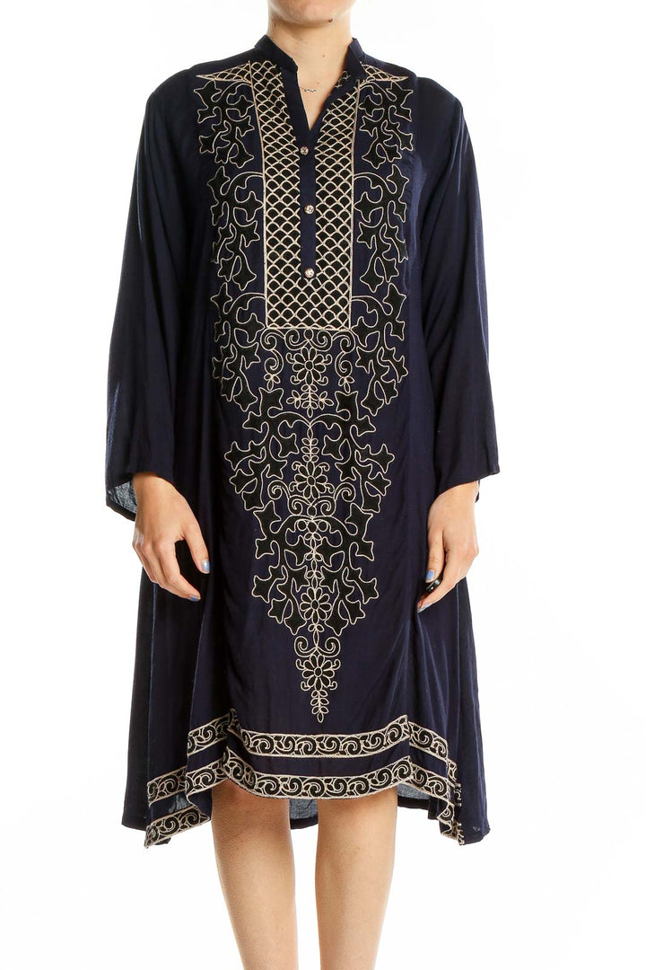 Blue Gold Embroidered Shift Dress