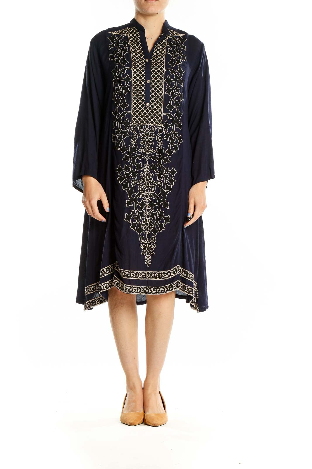 Blue Gold Embroidered Shift Dress