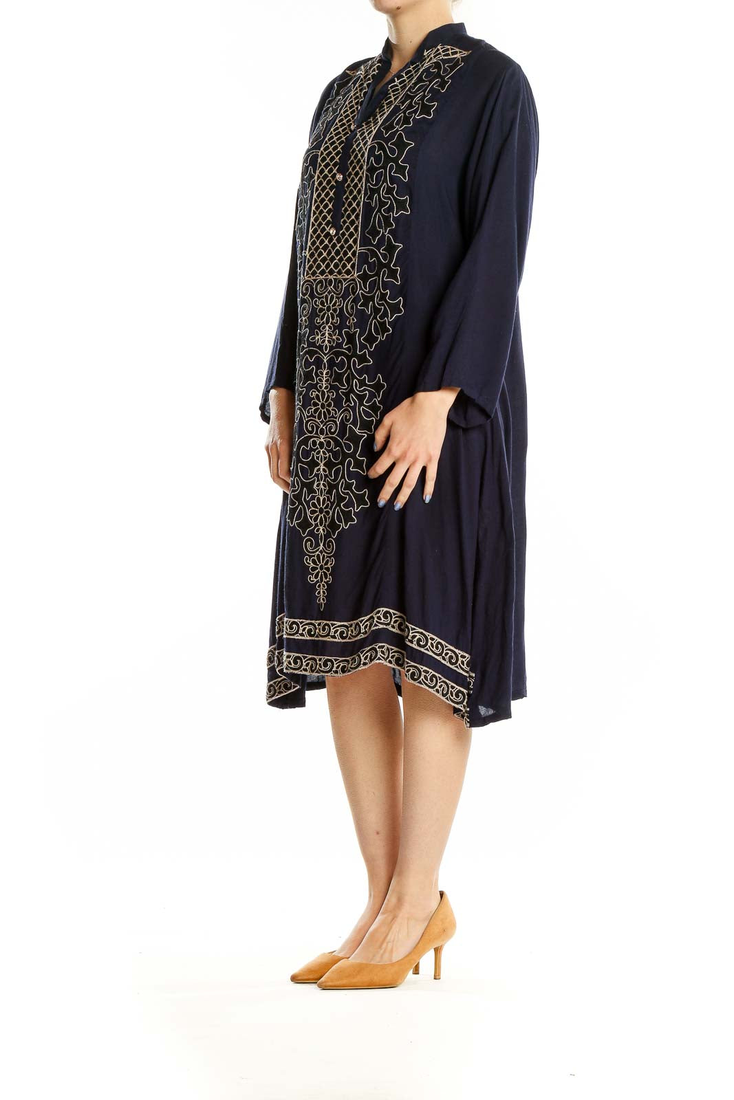 Blue Gold Embroidered Shift Dress