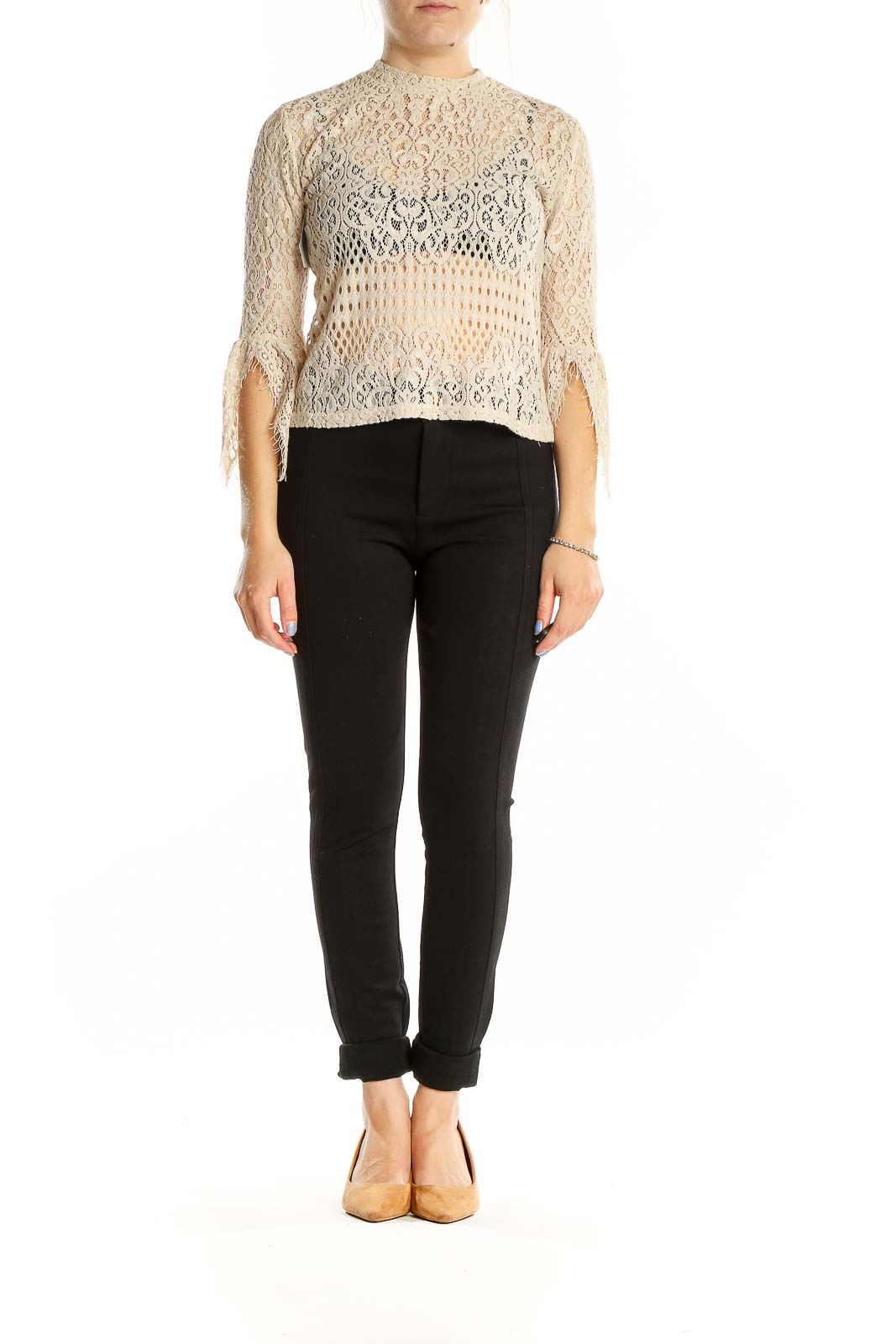 Front view of Zara beige lace crop top with mock neck and bell sleeves