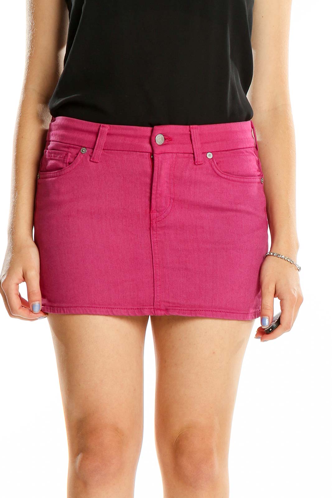 Front view of Citizens of Humanity pink denim mini skirt