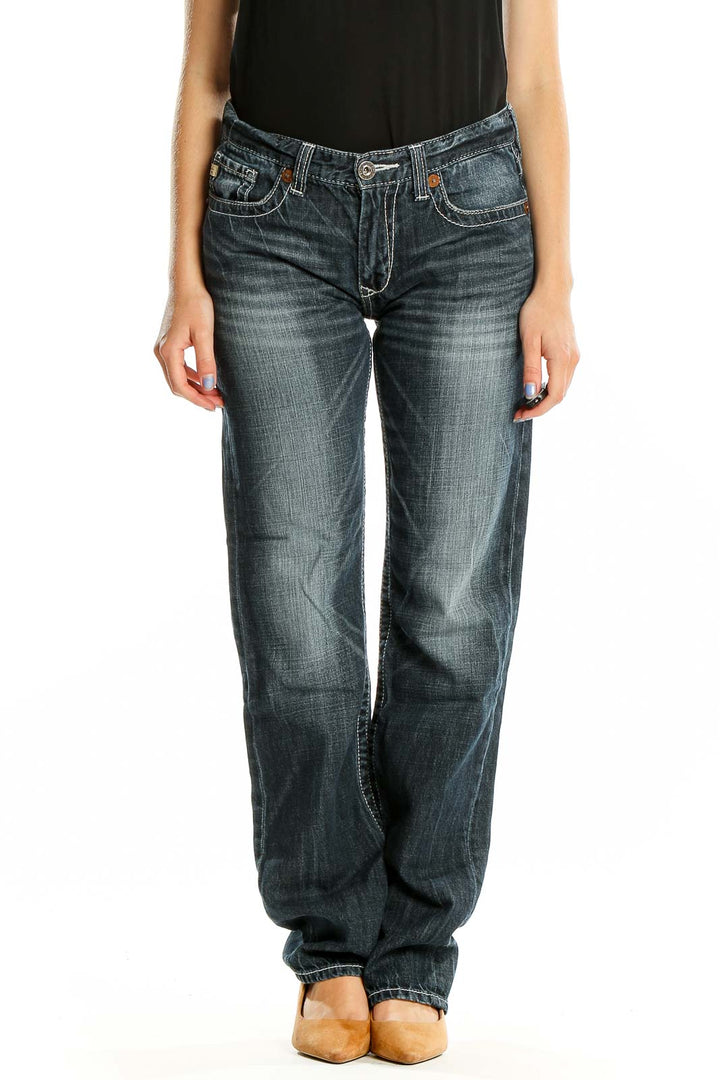 Front view of Big Star dark blue relaxed fit jeans on model