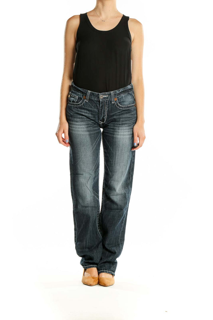 Front view of Big Star dark blue relaxed fit jeans on model