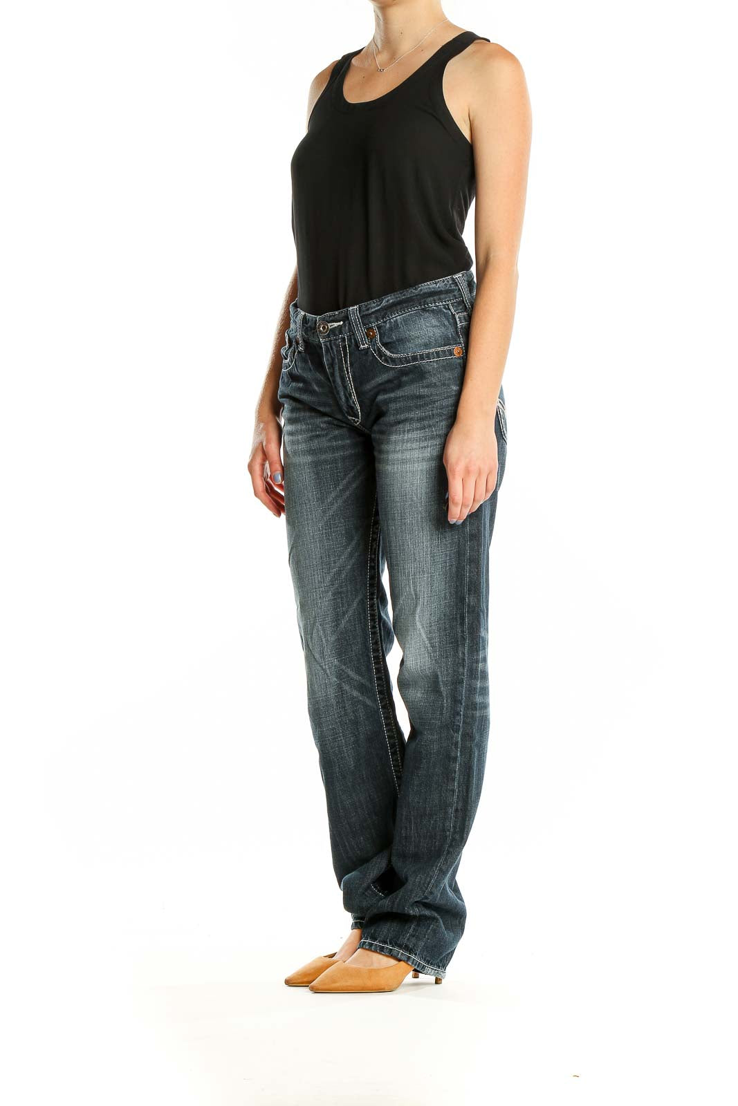 Front view of Big Star dark blue relaxed fit jeans on model