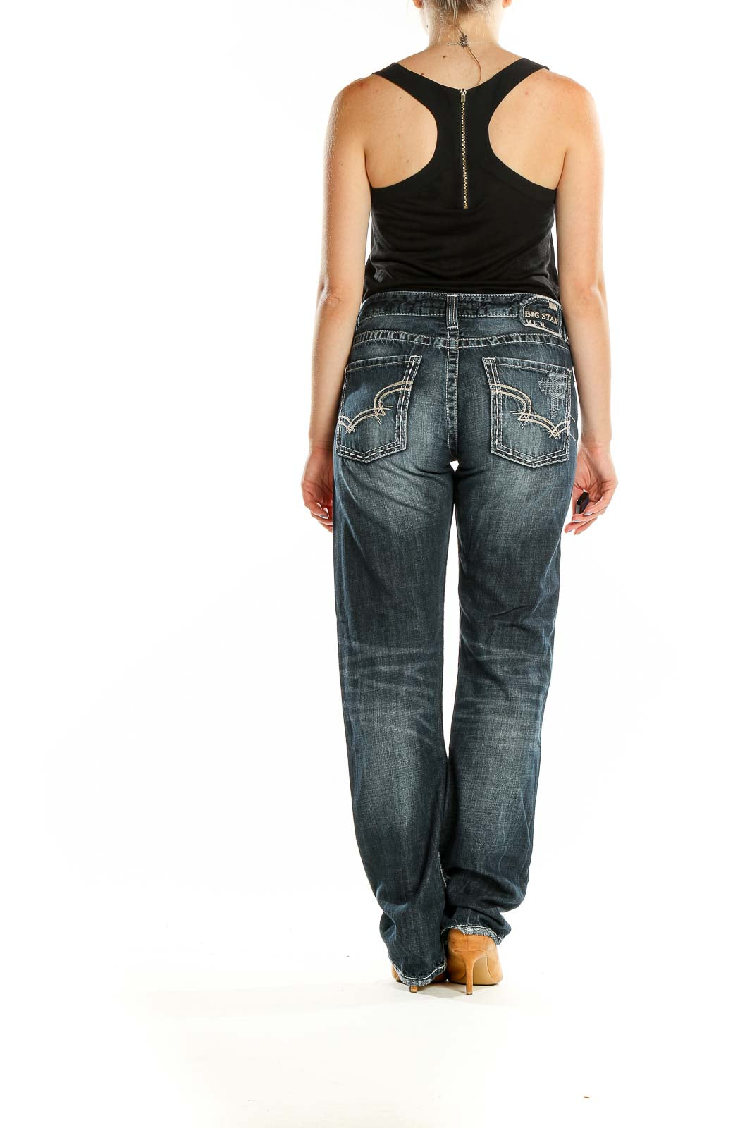 Back view of Big Star dark blue relaxed fit jeans showing distinctive pocket stitching