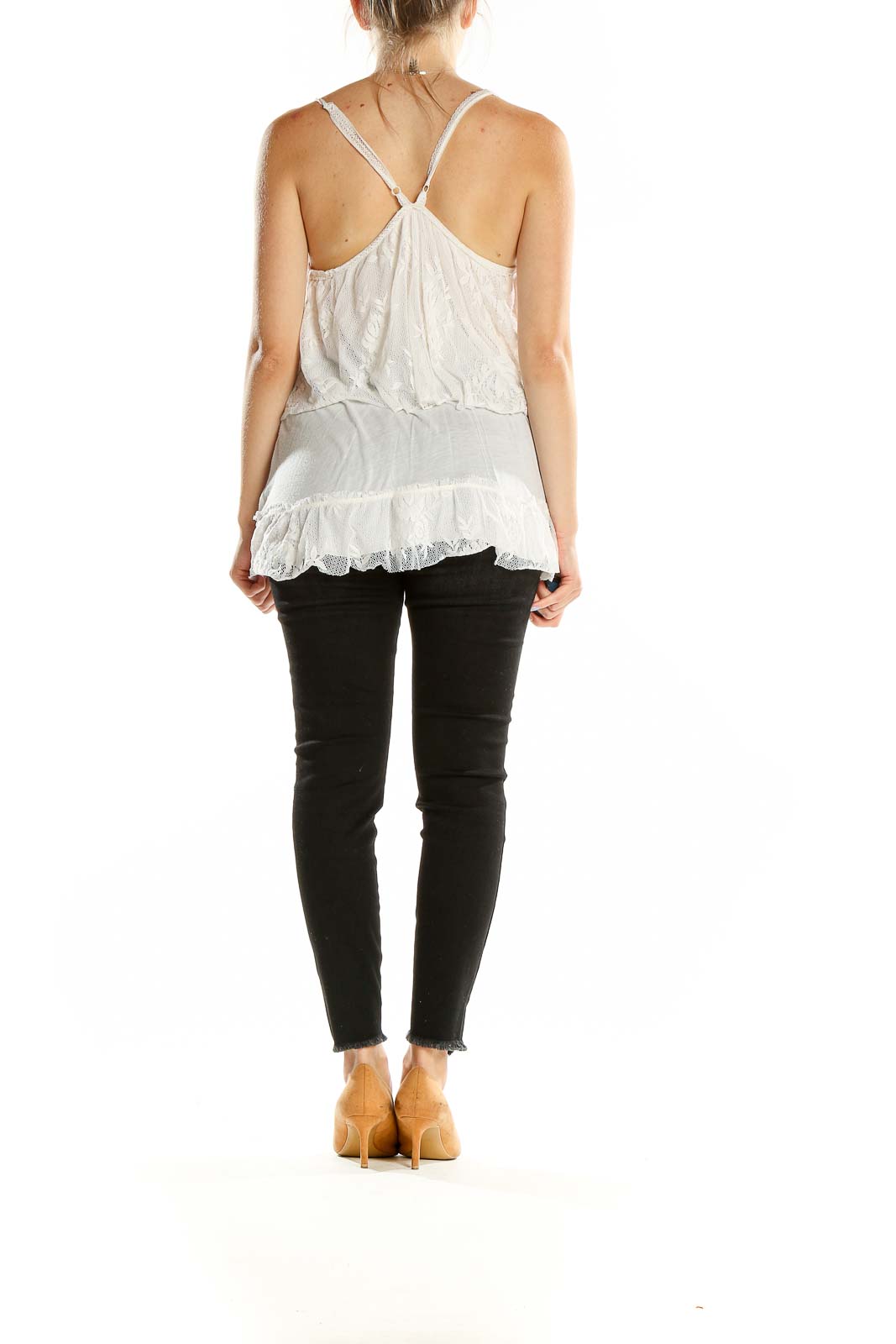 Back view of Free People white lace layered camisole top showing racerback design