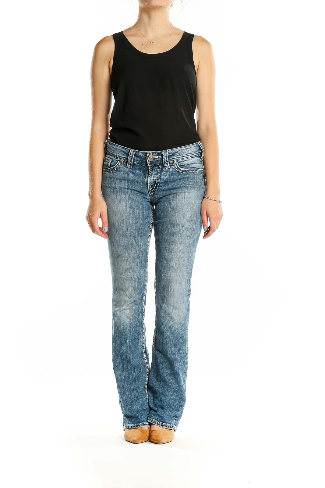 Front view of Silver Jeans Co. light blue bootcut jeans on model