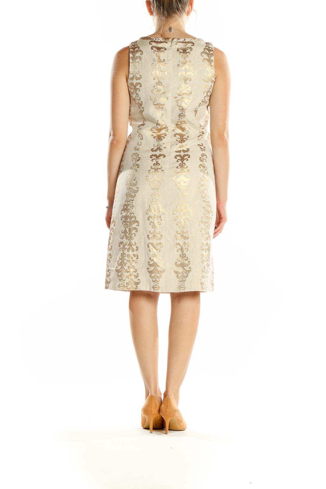 Beige Brocade Classic Sheath Dress