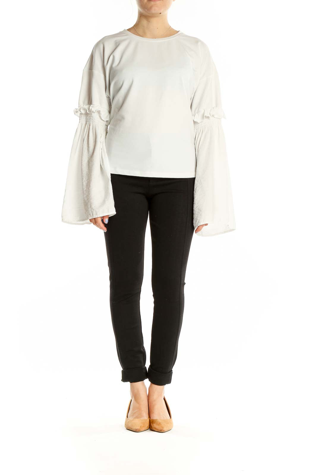 Front view of white Gilli top with bell sleeves and ruffle details