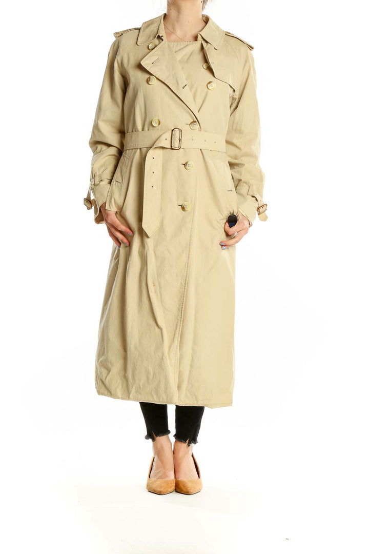 Beige Double Breasted Notch Lapel Trench Coat