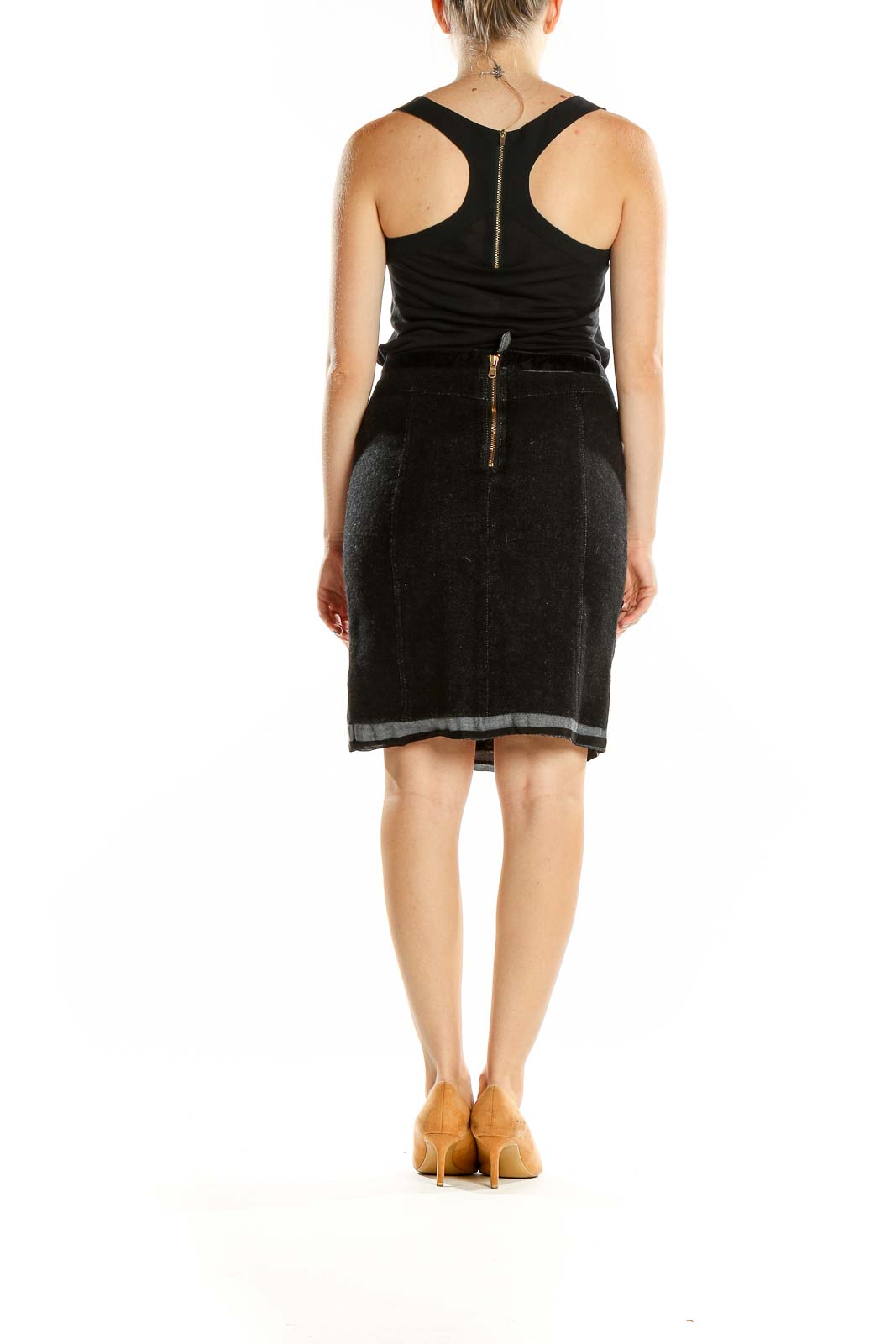 Back view of Marc By Marc Jacobs Black Textured Wool Blend Pencil Skirt with gold zipper detail