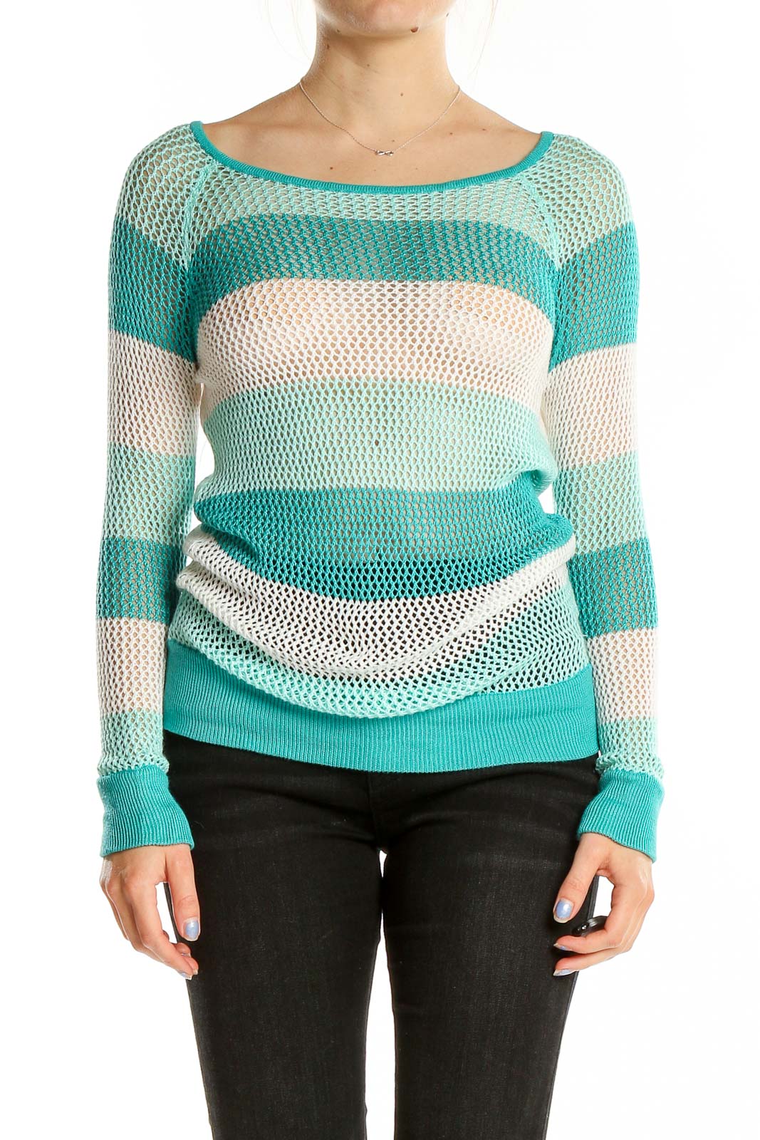 Front view of teal striped open knit sweater by Boston Proper