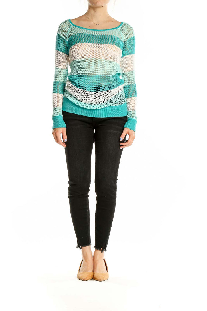 Front view of teal striped open knit sweater by Boston Proper