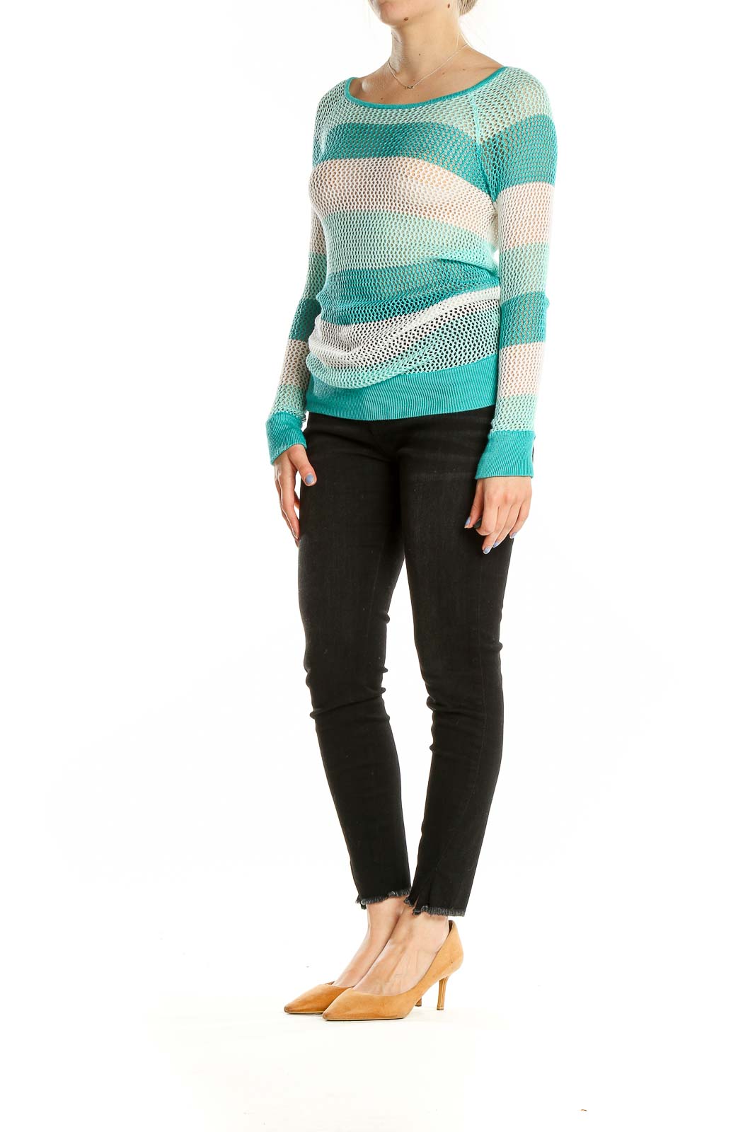 Front view of teal striped open knit sweater by Boston Proper