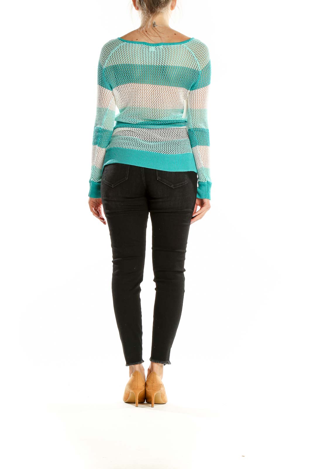 Back view of teal striped open knit sweater by Boston Proper