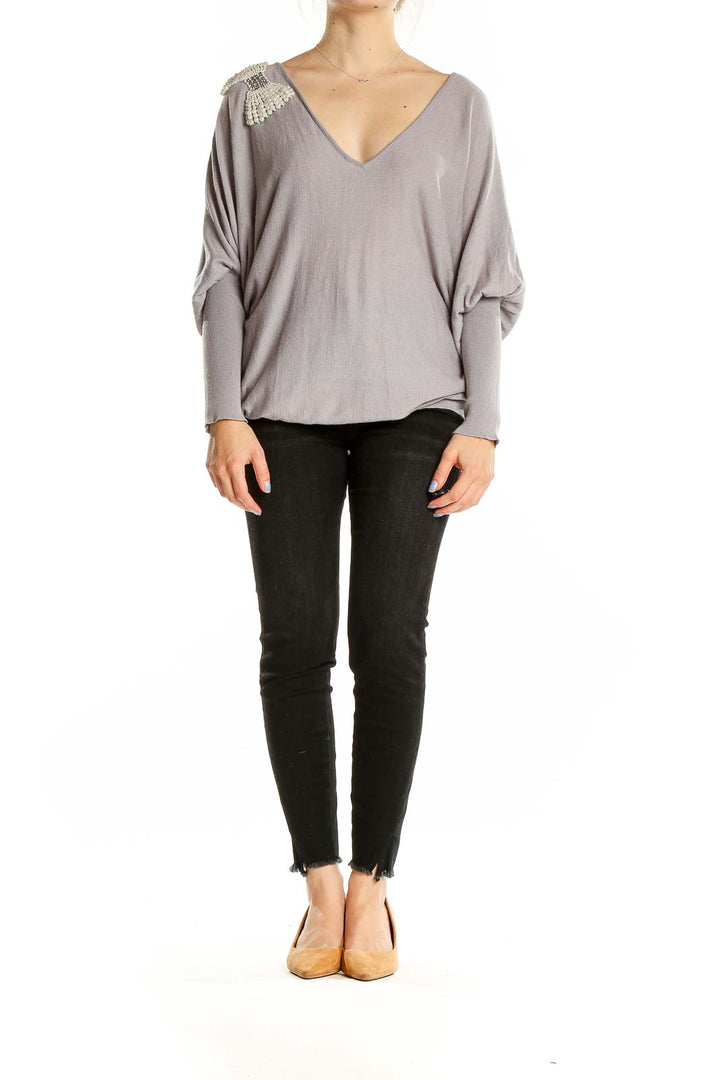 Gray V Neck Long Sleeve Embellished Sweater