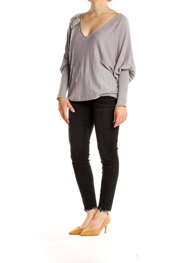 Gray V Neck Long Sleeve Embellished Sweater