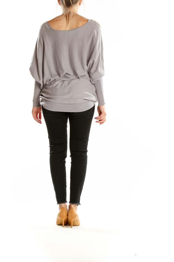 Gray V Neck Long Sleeve Embellished Sweater